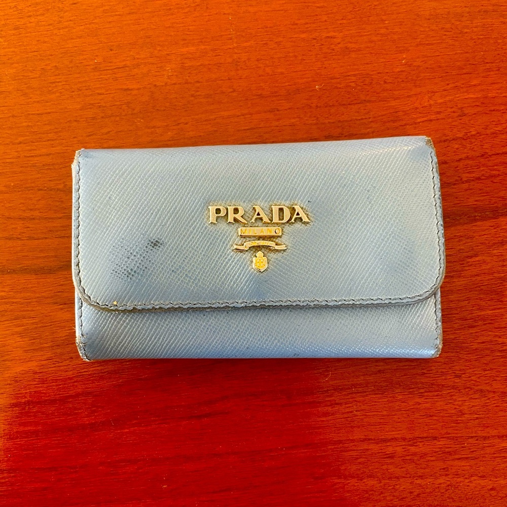 Prada blue leather snap key case